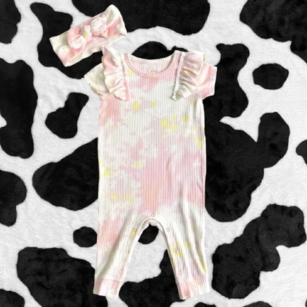 Baby Cat and Jack Girl's Tie Dye Romper‎ with Matching Bow 3-6 months